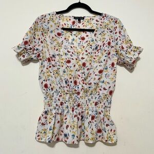 Moa Moa White Floral Wrap Top with Red & Yellow Blooms